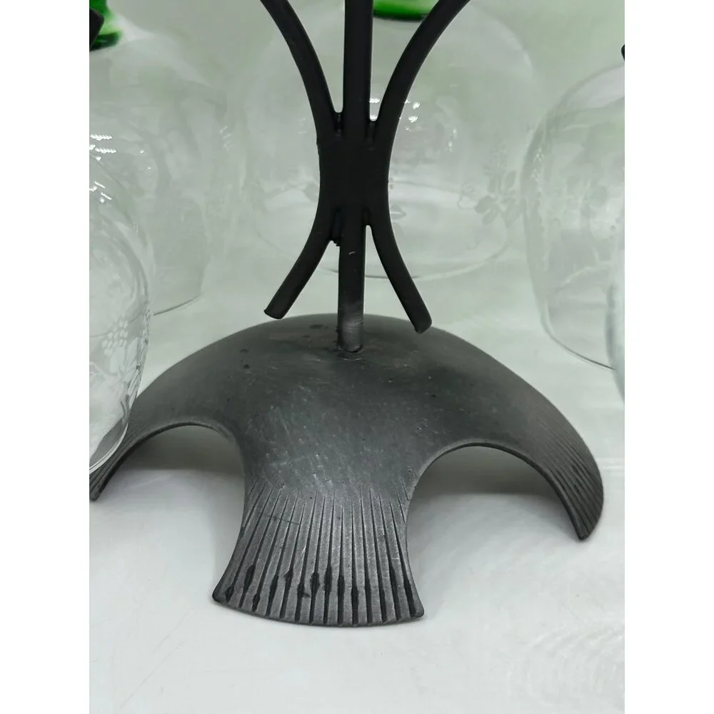 VTG‎ 80s Luminarc France Etched Wine Glass Set of 5 Green Ribbed Stem Grapevine